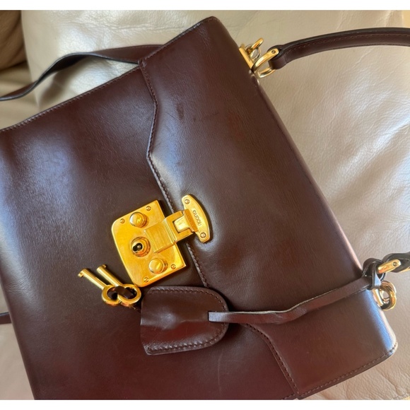 Certified Authentic Vintage Gucci Kelly Lock Key Brown Leather Shoulder Bag, COA - Picture 9 of 12